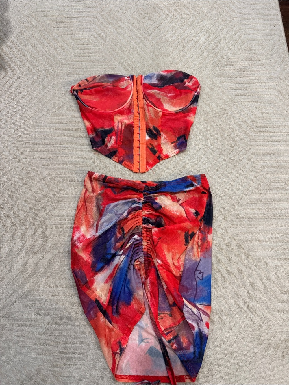 Women's Red Abstract Ruched Skirt - Strapless Set 
never worn
size s